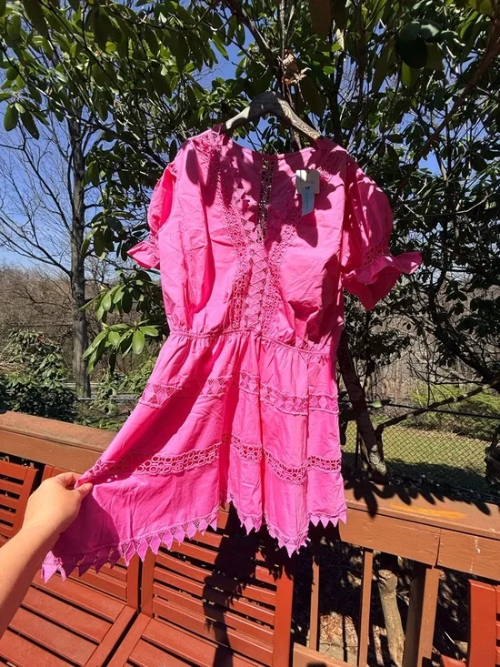 Anthropologie Bright Hot Pink Crochet-Trim Dress - Picture 10 of 16